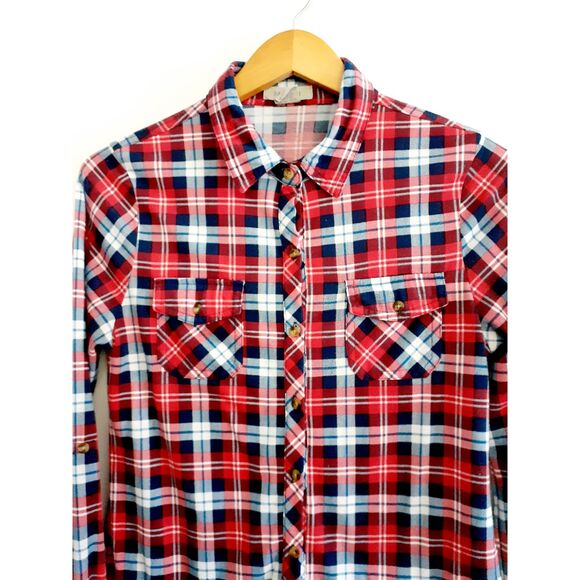 Passport Plaid Red Blue Roll Tab Sleeves Button Shirt Medium - Picture 5 of 7